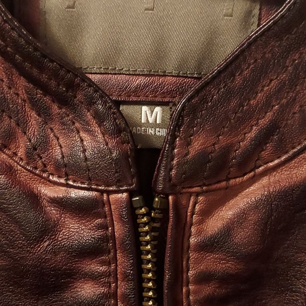 Distressed Faux Leather Jacket biker moto jacket brown size M zippered front - Picture 10 of 11